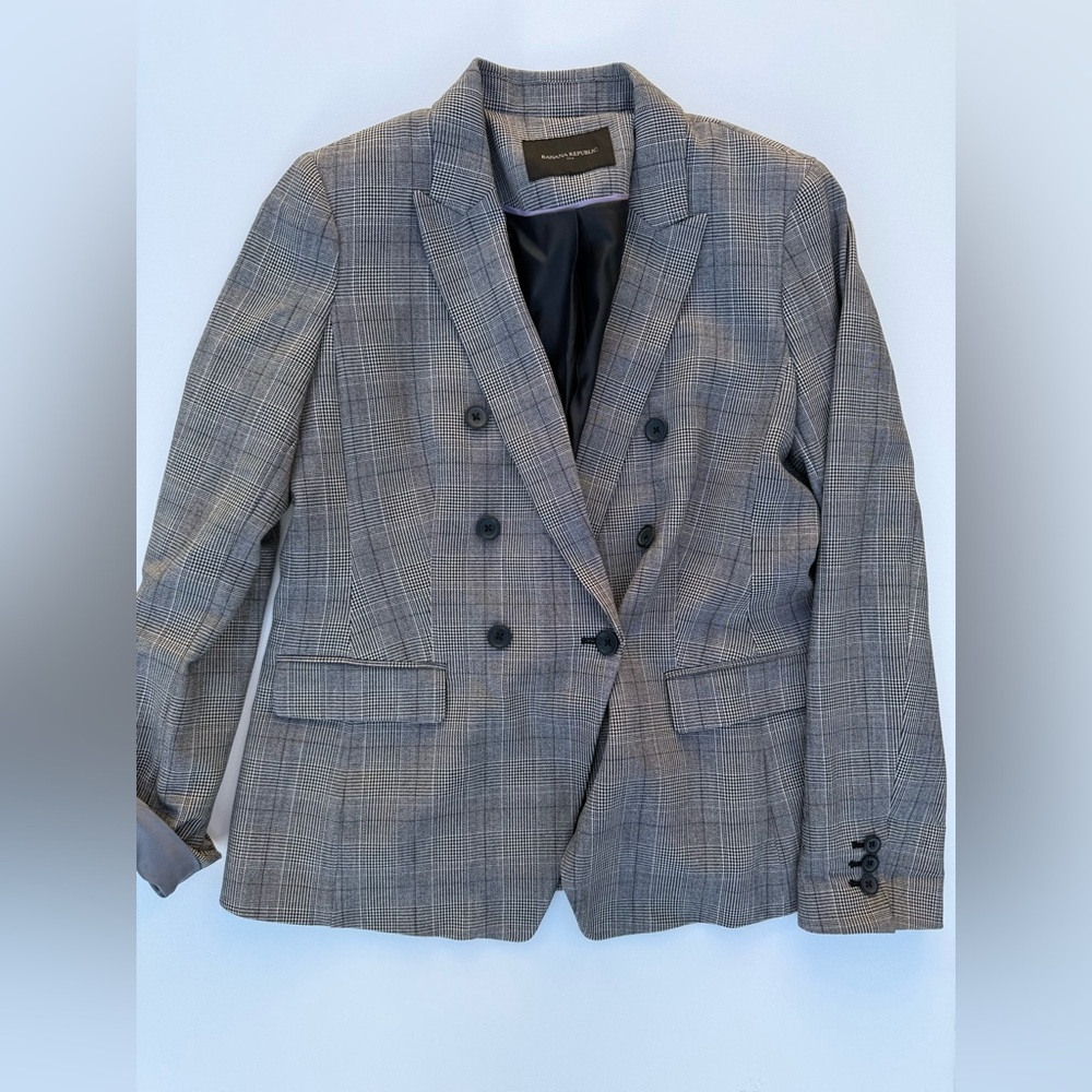 Banana Republic Gray Glen Plaid Double-Breasted Blazer